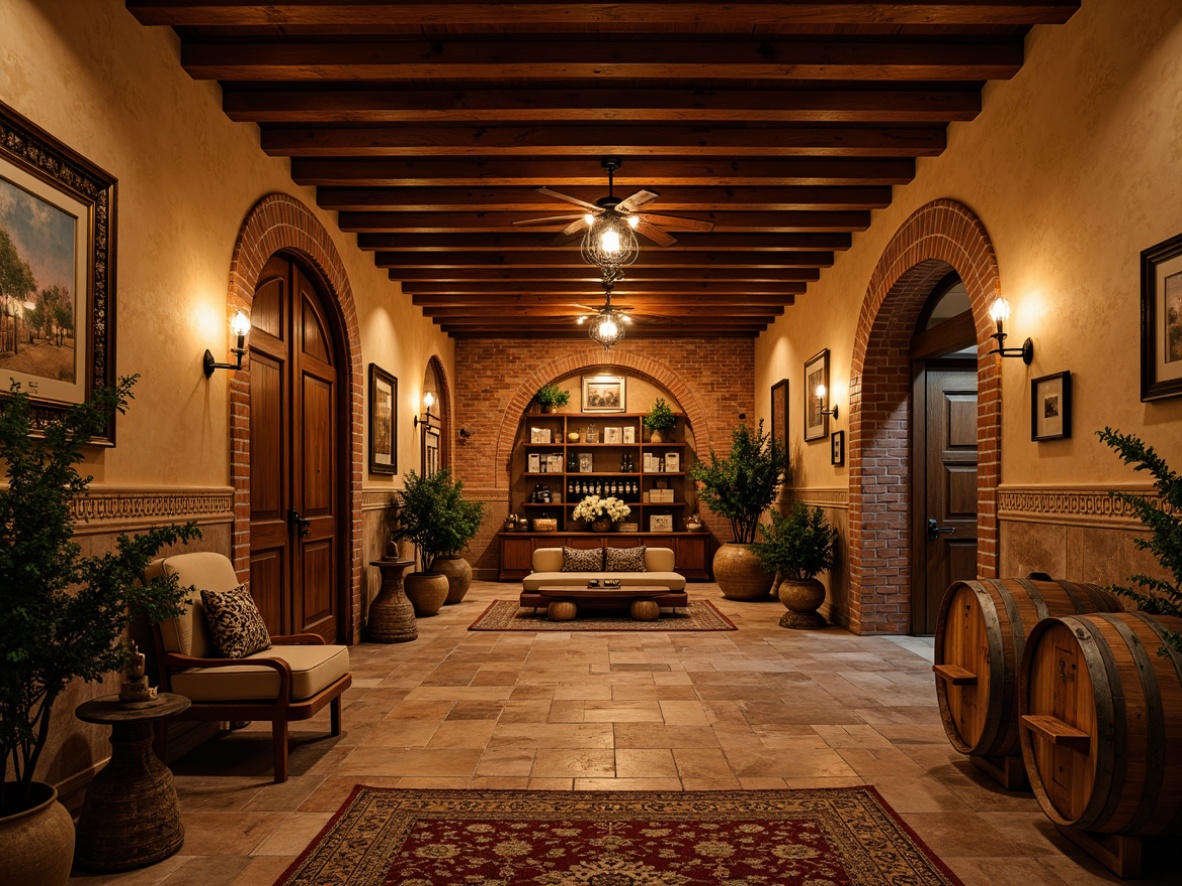 Prompt: Warm Mediterranean wine cellar, rustic stone flooring, earthy terracotta tiles, distressed wood planks, rich walnut panels, dimly lit ambiance, arched doorways, ornate metalwork, vintage wine barrels, soft golden lighting, warm beige walls, intimate seating areas, plush area rugs, aged wooden crates, fragrant oak whiskey barrels, rustic brick arches, ambient shadows, shallow depth of field, 1/1 composition, realistic textures.