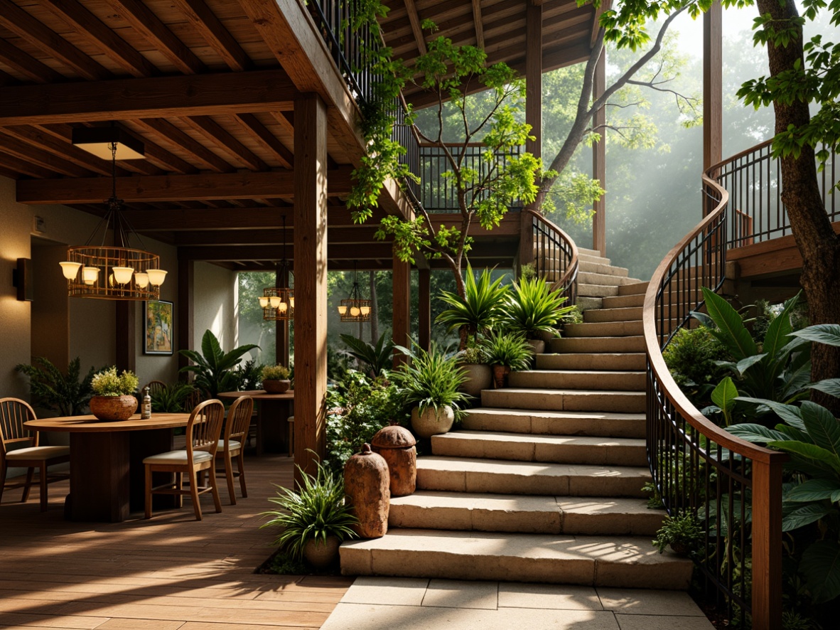 Prompt: Rich wooden handrails, ornate metal balusters, lush greenery walls, exotic flower arrangements, natural stone steps, rustic wooden treads, tropical hardwood flooring, warm ambient lighting, soft misty atmosphere, shallow depth of field, 3/4 composition, panoramic view, realistic textures, ambient occlusion, curved lines, organic shapes, vibrant colorful accents, intricate carvings, Polynesian-inspired patterns.