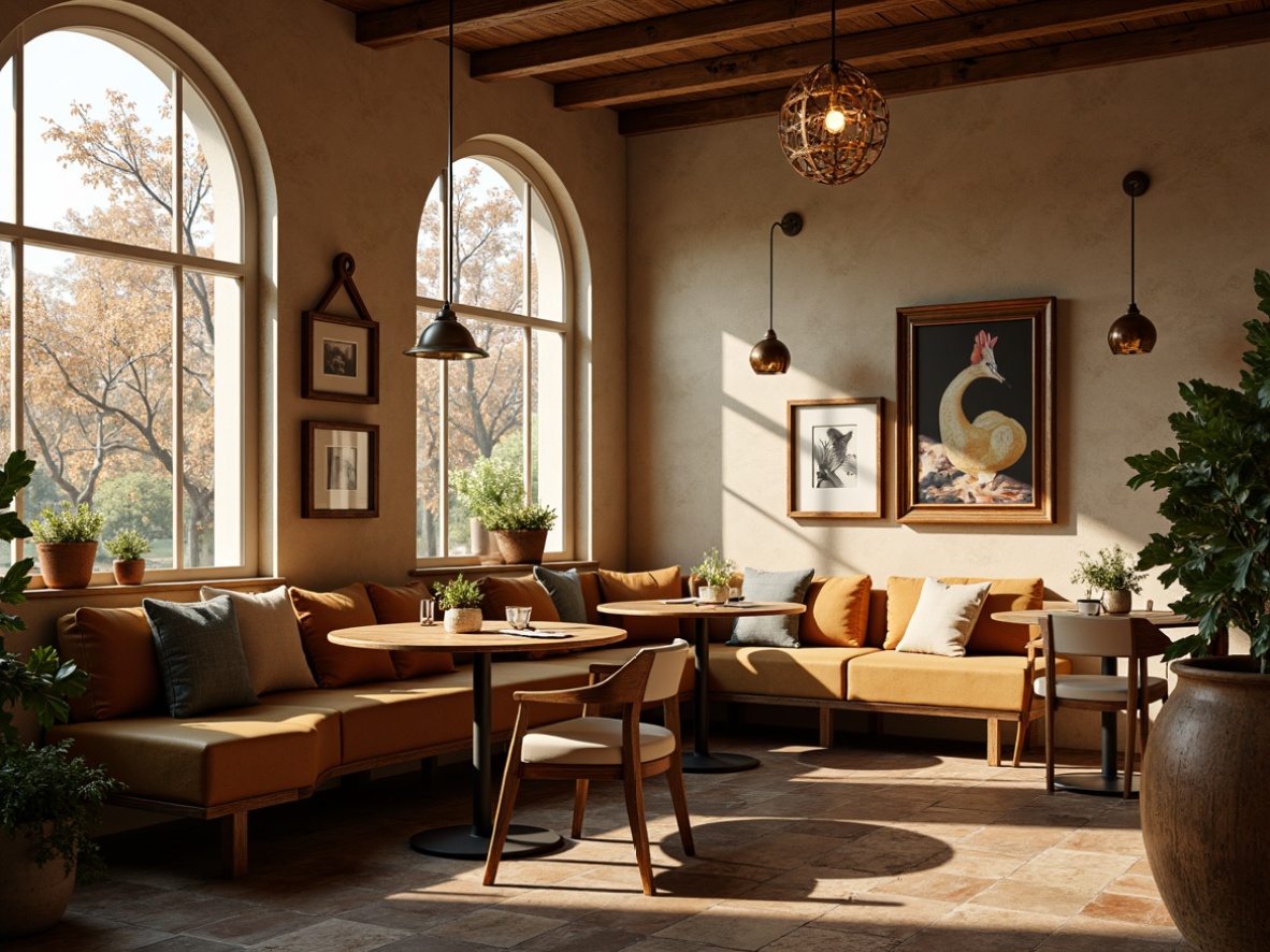 Prompt: Cozy breakfast nook, warm wood tones, soft cushions, curved benches, circular tables, built-in banquettes, plush throw pillows, rustic metal chairs, reclaimed wood accents, vintage decor, natural stone flooring, earthy color palette, soft morning light, warm beige walls, elegant pendant lighting, 1/1 composition, intimate atmosphere, realistic textures, ambient occlusion.