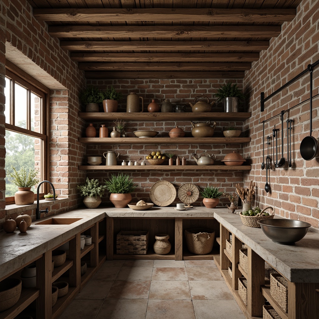 Prompt: Rustic pantry interior, distressed wooden shelves, worn brick walls, vintage metal utensils, earthy terracotta pots, woven wicker baskets, rough-hewn stone countertops, muted color palette, warm soft lighting, shallow depth of field, 1/2 composition, realistic textures, ambient occlusion, Expressionist brushstrokes, impasto techniques, thick heavy paint application, abstracted forms, emotive color choices, dynamic composition, fragmented geometric shapes.