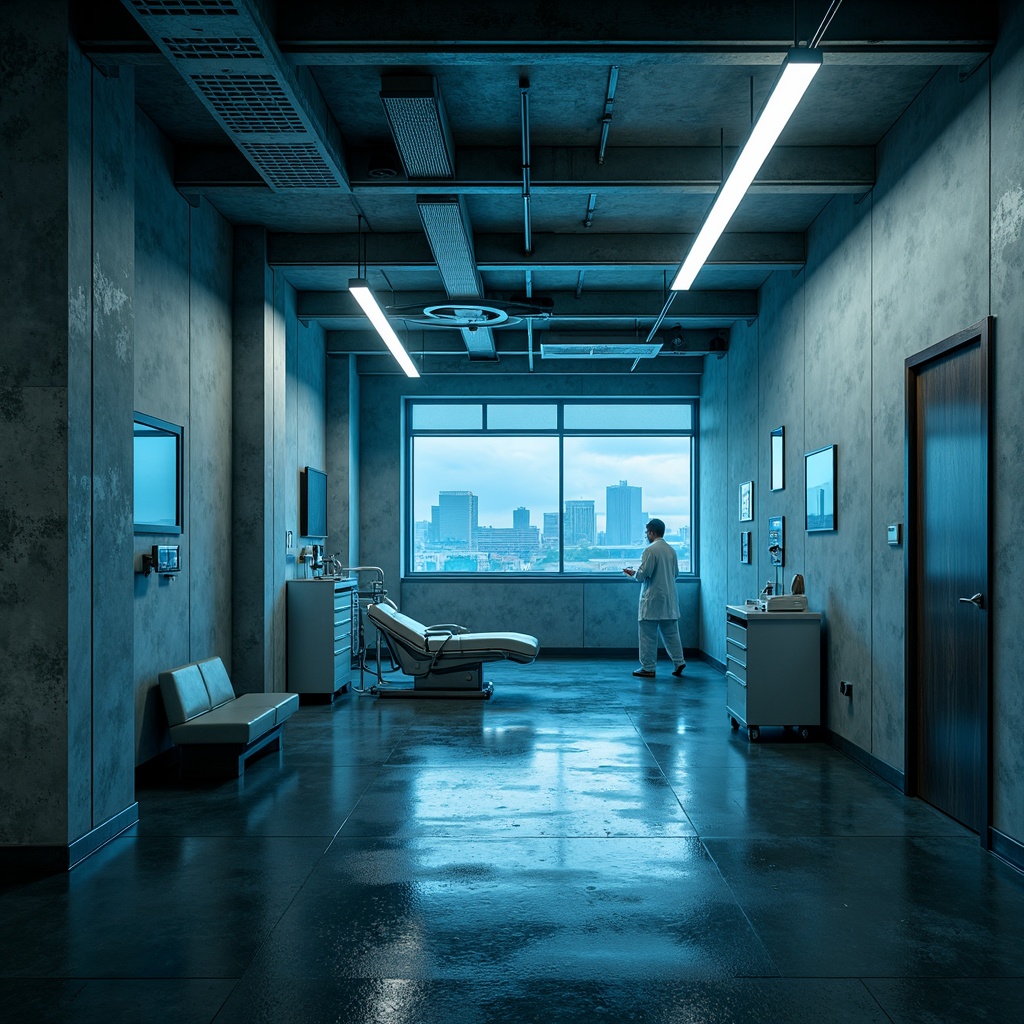 Prompt: Exposed concrete walls, industrial steel beams, minimalist interior design, sterile medical equipment, futuristic lighting systems, LED strip lights, neon accents, cold blue tones, clinical atmospheres, harsh shadows, dramatic contrast, brutalist architecture, functional spaces, urban landscapes, city skylines, rainy days, overcast weather, high-contrast photography, 1/1 composition, sharp focus, low depth of field.