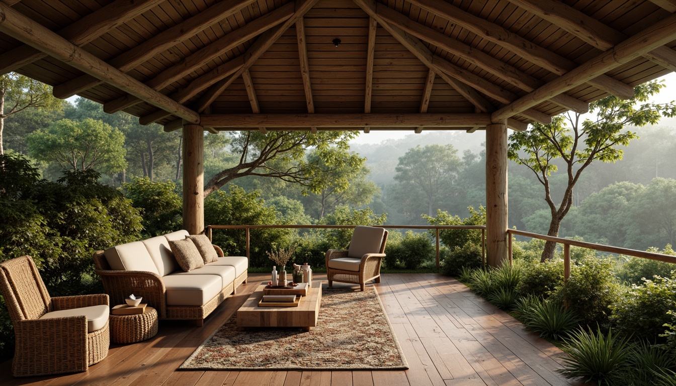 Prompt: Rustic wooden cabin, earthy stone walls, lush green roofs, natural fiber textiles, woven wicker furniture, reclaimed wood accents, organic shapes, earth-toned color palette, warm soft lighting, cozy atmosphere, intimate scale, harmonious connection to nature, serene forest surroundings, misty morning fog, subtle shadows, realistic textures, ambient occlusion.