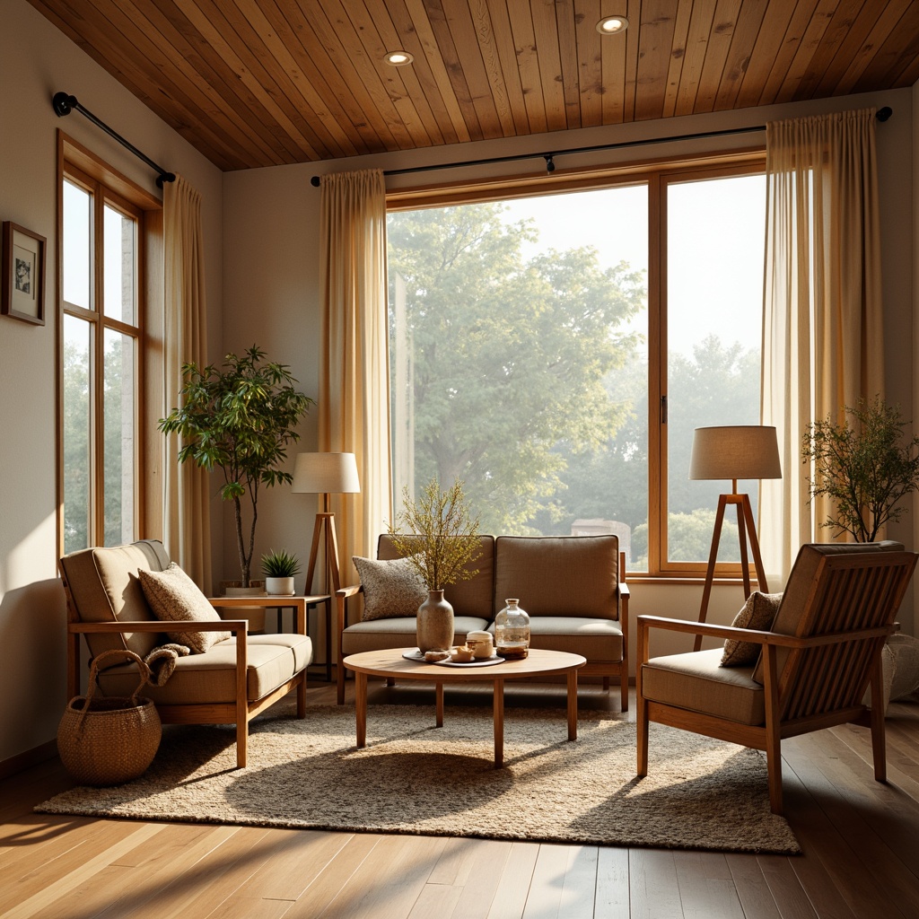 Prompt: Warm mid-century modern living room, natural wood furniture, minimalist decor, large windows, soft diffused lighting, table lamps with linen shades, floor lamps with wooden accents, pendant lights with spherical glass, cozy atmosphere, afternoon warm glow, subtle shadows, 1/1 composition, realistic textures, ambient occlusion.