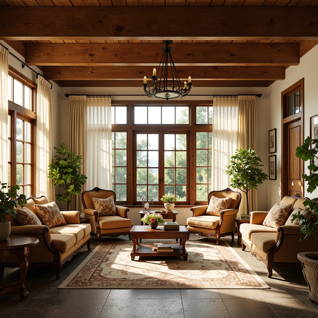 Prompt: Elegant sunroom interior, classic wooden beams, natural stone flooring, plush velvet sofas, ornate antique furniture, soft golden lighting, sheer linen curtains, botanical patterned rugs, warm beige walls, rich walnut accents, comfortable reading nooks, vintage decorative accessories, lavish flower arrangements, bright sunny day, shallow depth of field, 1/2 composition, realistic textures, ambient occlusion.