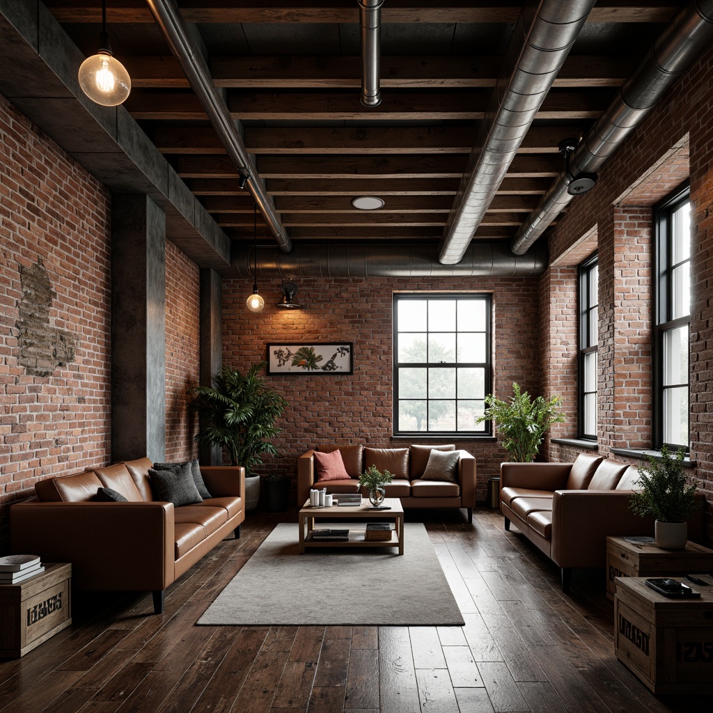 Prompt: Exposed brick walls, metal beams, reclaimed wood flooring, industrial-style lighting fixtures, distressed concrete textures, urban loft atmosphere, modern minimalist decor, sleek metal accents, functional pipes, Edison bulb lamps, vintage machinery parts, rustic wooden crates, worn leather sofas, metallic color palette, moody atmospheric lighting, shallow depth of field, 1/2 composition, realistic rendering, ambient occlusion.