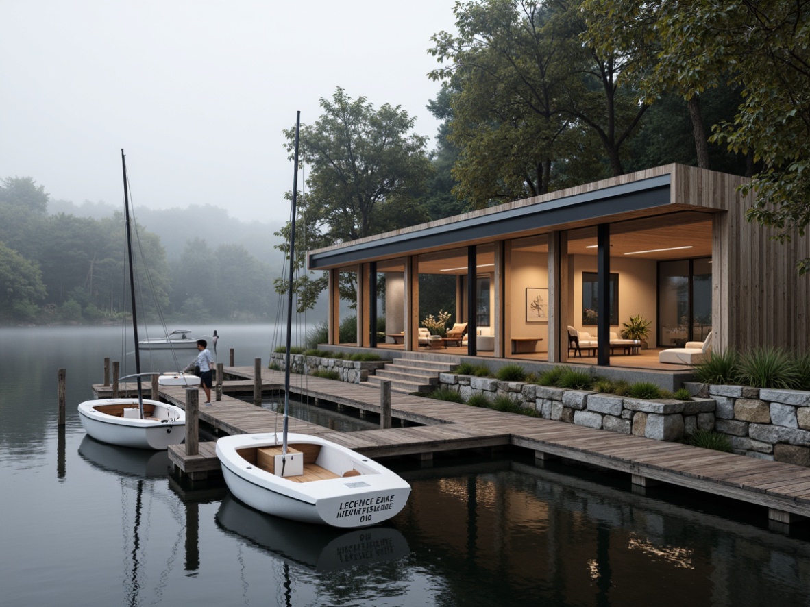 Prompt: Waterfront location, wooden dock, sailboats, rustic boathouse, Bauhaus-inspired design, industrial metal accents, reclaimed wood textures, natural stone foundations, floor-to-ceiling windows, minimalist interior, monochromatic color scheme, warm ambient lighting, shallow depth of field, 1/1 composition, symmetrical framing, atmospheric mist, serene lake views, surrounding lush greenery.