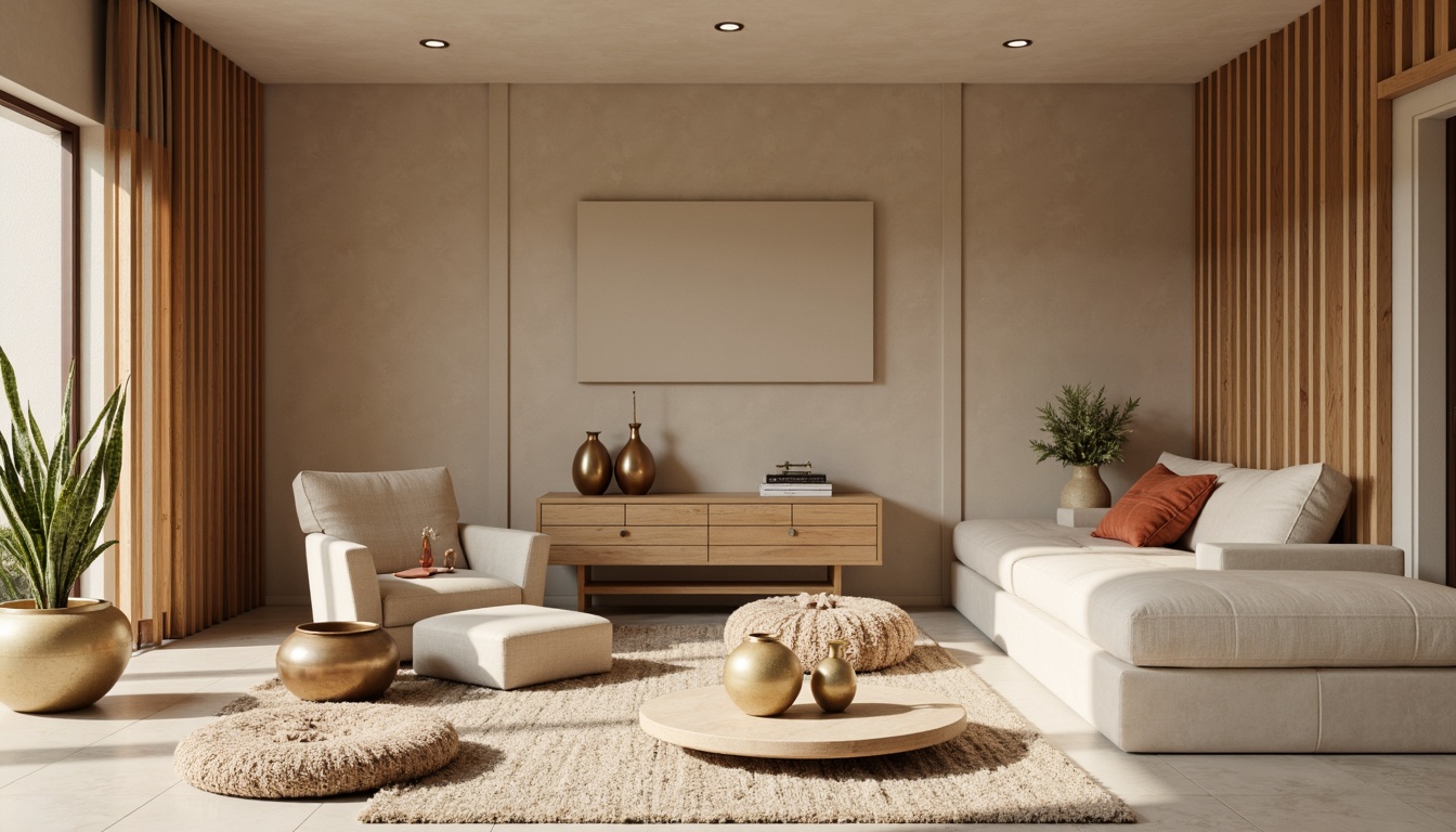 Prompt: Soft, calming atmosphere, warm beige walls, rich wood accents, plush area rugs, comfortable seating, natural textiles, earthy tone ceramics, metallic gold decor, creamy white marble countertops, subtle patterned fabrics, gentle warm lighting, shallow depth of field, 1/1 composition, realistic textures, ambient occlusion.