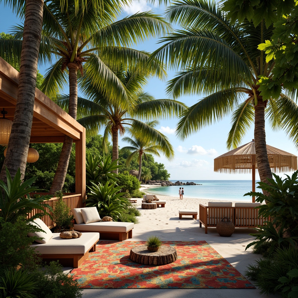 Prompt: Tropical island villa, exotic palm trees, lush green foliage, warm sandy beach, vibrant colorful textiles, woven rattan furniture, natural fiber rugs, wooden accents, rustic driftwood decorations, soft warm glow lighting, pendant lanterns, woven bamboo shades, nautical rope details, coastal breeze, clear blue sky, shallow depth of field, 1/1 composition, realistic textures, ambient occlusion.