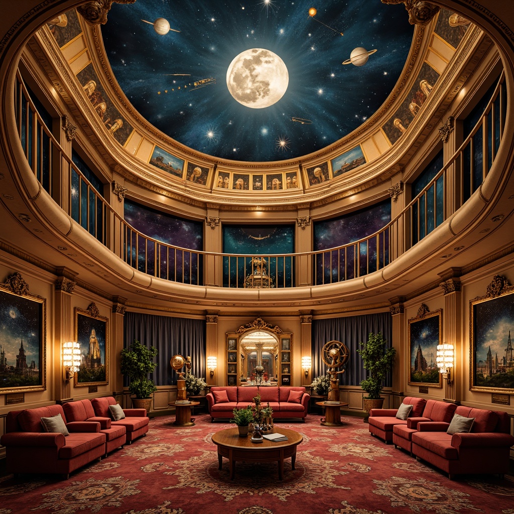 Prompt: Ornate planetarium, celestial body murals, golden accents, intricate moldings, curved lines, Baroque-inspired furniture, velvet drapes, crystal chandeliers, ornate mirrors, gilded frames, starry night sky, soft warm lighting, shallow depth of field, 1/1 composition, realistic textures, ambient occlusion, luxurious fabrics, rich jewel tones, antique telescopes, astronomical instruments, celestial maps, hand-painted details, whimsical patterns.