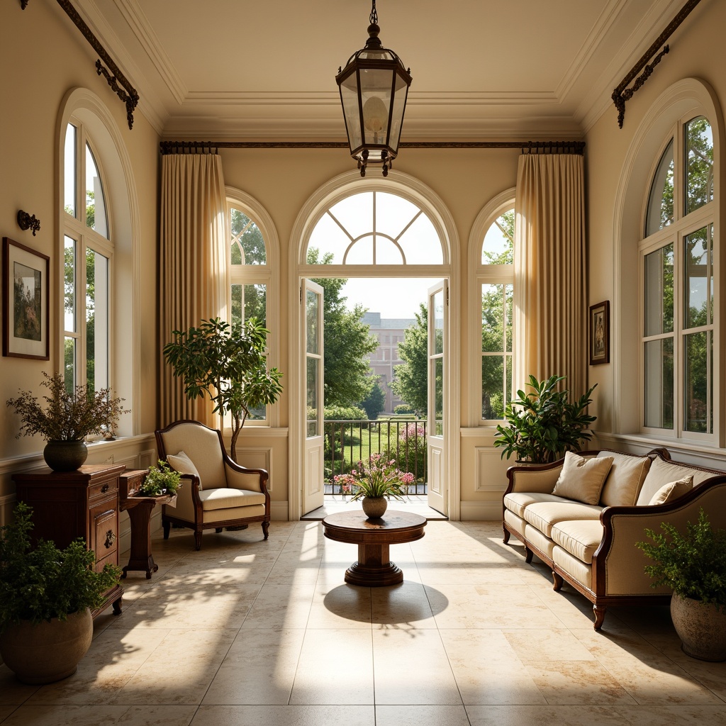 Prompt: Elegant sunroom, classicism style, high ceiling, large windows, French doors, soft natural light, warm beige walls, cream-colored marble floors, ornate wooden furnishings, plush velvet sofas, rich wood tones, subtle textures, delicate moldings, refined decorative accents, lush greenery, potted plants, blooming flowers, sheer curtains, gentle breeze, morning sunlight, warm golden lighting, shallow depth of field, 1/1 composition, realistic reflections.