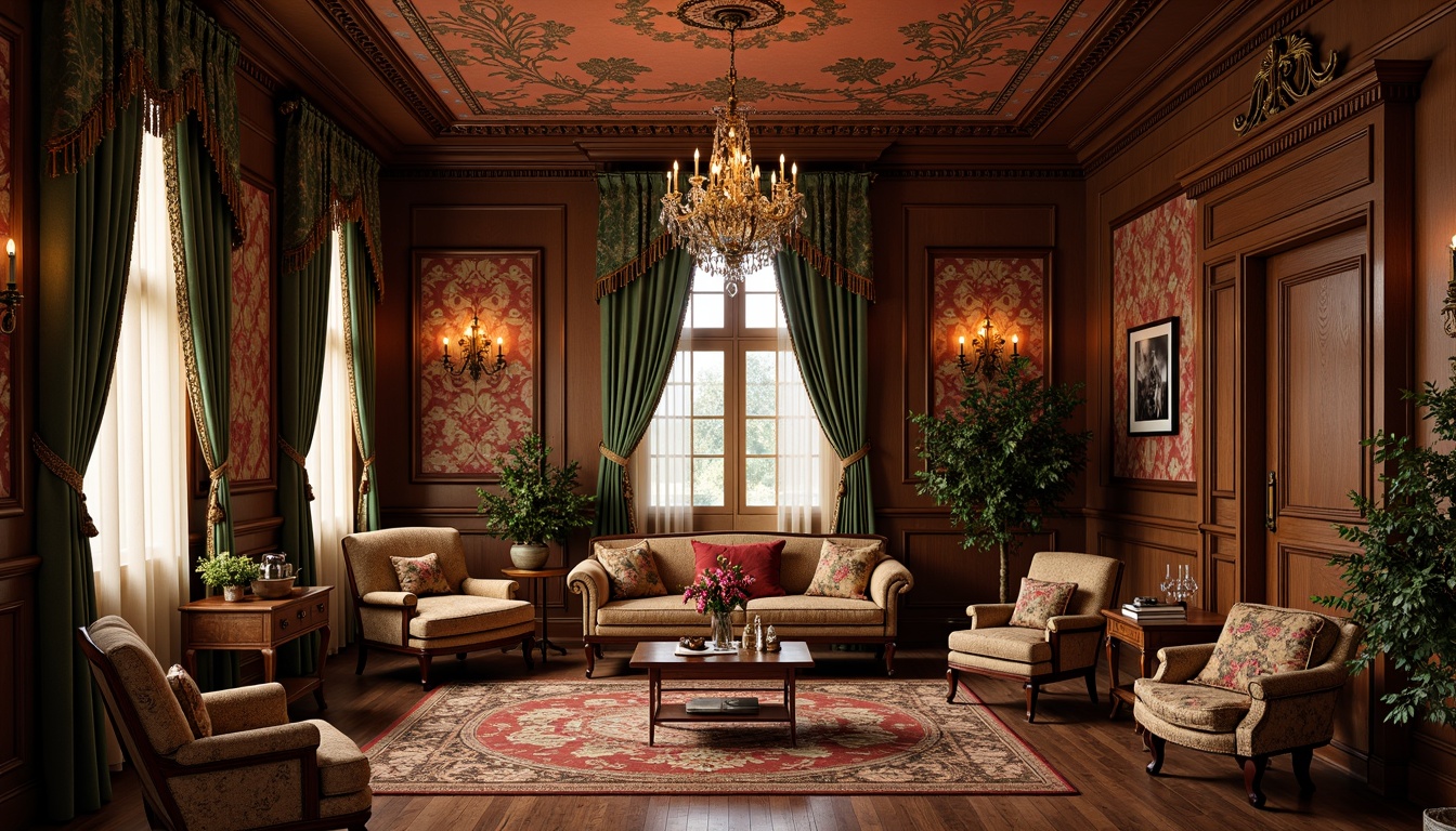 Prompt: Richly patterned velvet fabrics, intricately embroidered silk upholstery, luxurious brocade drapes, ornate wooden furniture, carved mahogany panels, gilded gold accents, crystal chandeliers, plush area rugs, heavily draped curtains, opulent tassel details, vintage floral prints, distressed leather armchairs, warm candlelit ambiance, soft golden lighting, shallow depth of field, 1/1 composition, realistic textures, ambient occlusion.