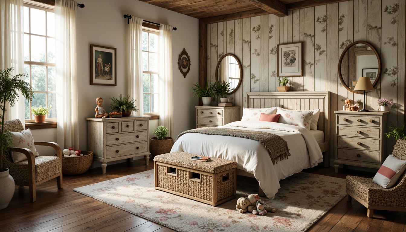 Prompt: Distressed wood furniture, vintage floral patterns, soft pastel colors, lace curtains, antique toys, porcelain dolls, woven baskets, rustic metal lanterns, distressed finishes, ornate mirrors, delicate fabrics, ruffled bedding, floral garlands, whimsical artwork, warm candlelight, cozy reading nooks, plush area rugs, natural textures, earthy tones, nostalgic decor, feminine accents.