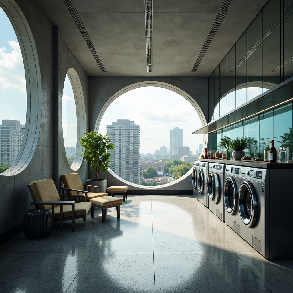 Prompt: Futuristic laundry room, eco-friendly appliances, recycled metal surfaces, translucent glass doors, ambient LED lighting, soft misting systems, minimalist design, angular lines, sleek modern furniture, chrome accents, circular windows, urban cityscape views, morning sunlight, shallow depth of field, 3/4 composition, panoramic view, realistic textures, ambient occlusion.