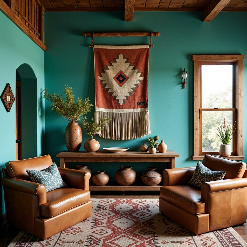 Prompt: Vibrant turquoise walls, rustic wooden furniture, woven Native American-inspired tapestries, colorful pottery vases, distressed leather armchairs, geometric patterned rugs, natural fiber textiles, earthy terracotta planters, warm ambient lighting, soft focus photography, 1/2 composition, intimate atmosphere, authentic cultural elements, rich wood tones, Southwestern-inspired artwork.