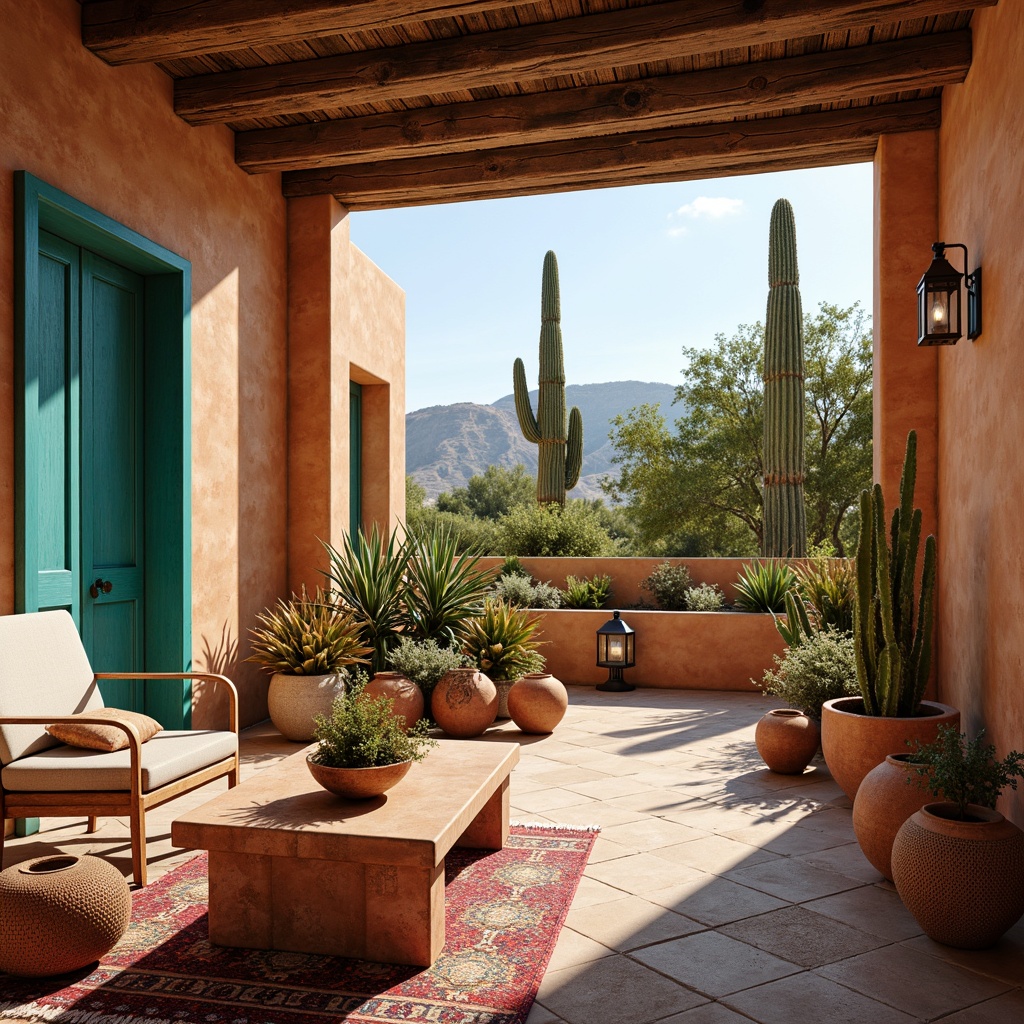 Prompt: Vibrant turquoise accents, earthy terracotta pots, rustic wooden beams, colorful woven textiles, geometric patterned rugs, warm adobe walls, ornate metal lanterns, lush green succulents, dramatic cactus silhouettes, sunny desert landscapes, soft warm lighting, shallow depth of field, 3/4 composition, panoramic view, realistic textures, ambient occlusion.