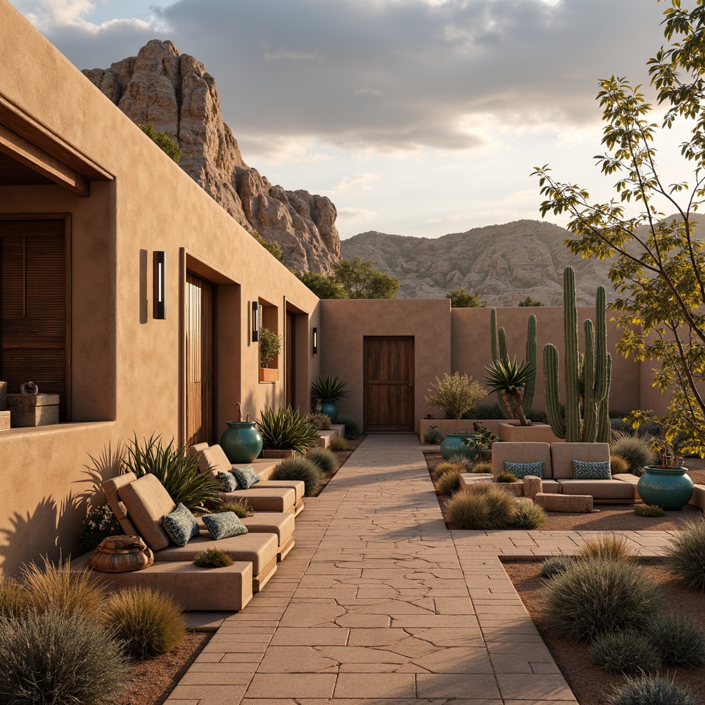 Prompt: Earth-toned adobe architecture, rugged stone walls, distressed wood accents, woven textiles, vibrant turquoise ceramics, sandy dunes, cactus silhouettes, warm golden light, shallow depth of field, 1/1 composition, realistic rock formations, ambient occlusion, rustic metal details, Southwestern-inspired patterns, geometric tile work, earthy color palette, natural stone pathways, desert flora, dramatic cloud formations, soft warm glow.