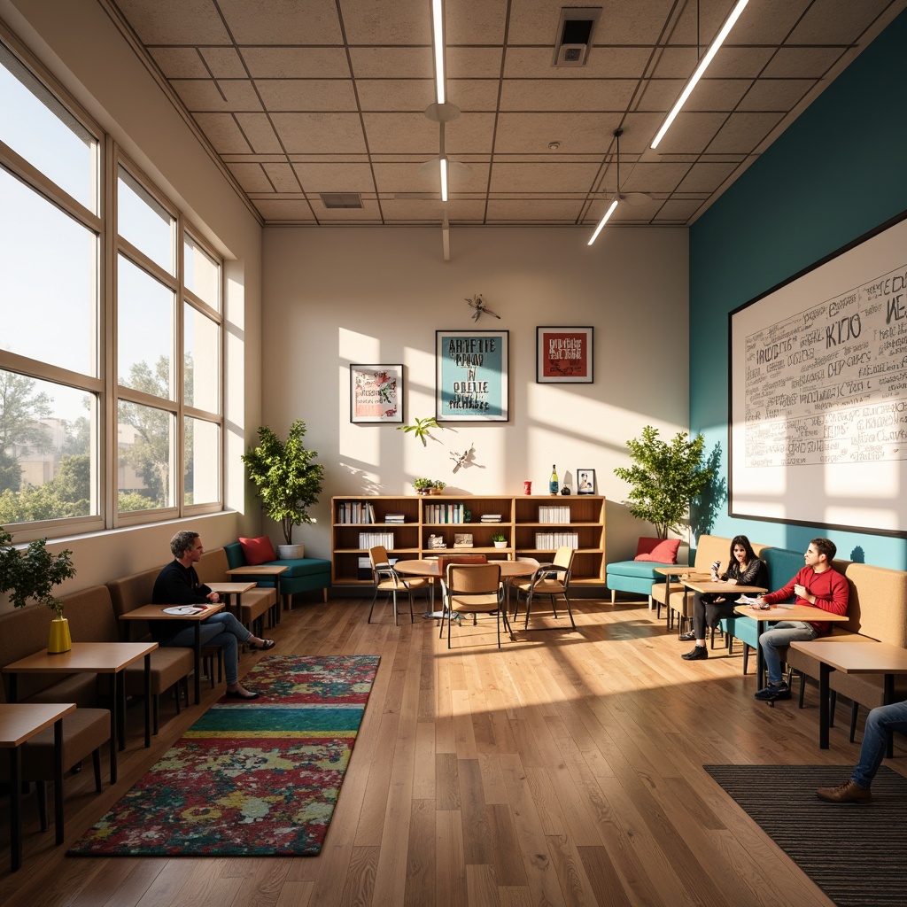 Prompt: Vibrant classroom, soft warm lighting, natural daylight, floor-to-ceiling windows, LED light fixtures, adjustable desk lamps, cozy reading nooks, inspirational quotes on walls, educational posters, colorful rugs, ergonomic chairs, collaborative workspaces, interactive whiteboards, minimal shadows, high-contrast displays, gentle ambient glow, 1/1 composition, realistic textures, subtle reflections.