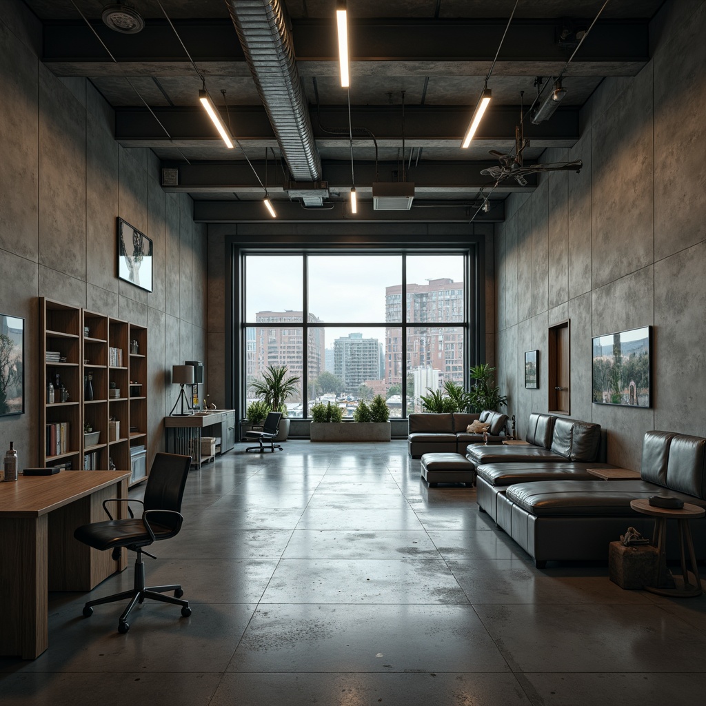 Prompt: Raw concrete walls, industrial metal beams, minimalist decor, functional furniture, medical equipment, stainless steel surfaces, harsh overhead lighting, dramatic shadows, brutalist architecture, open-plan layout, natural ventilation, rustic wooden accents, exposed ductwork, urban cityscape, overcast sky, moody atmospheric lighting, 1/1 composition, symmetrical framing, high-contrast color scheme, gritty textures, ambient occlusion.