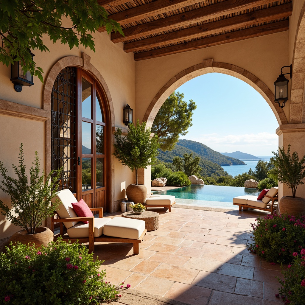 Prompt: Warm Mediterranean villa, curved archways, ornate stone carvings, rustic wooden doors, wrought iron balconies, terracotta roof tiles, stucco walls, vibrant bougainvillea flowers, lush greenery, turquoise ocean views, sunny day, soft warm lighting, shallow depth of field, 3/4 composition, panoramic view, realistic textures, ambient occlusion.