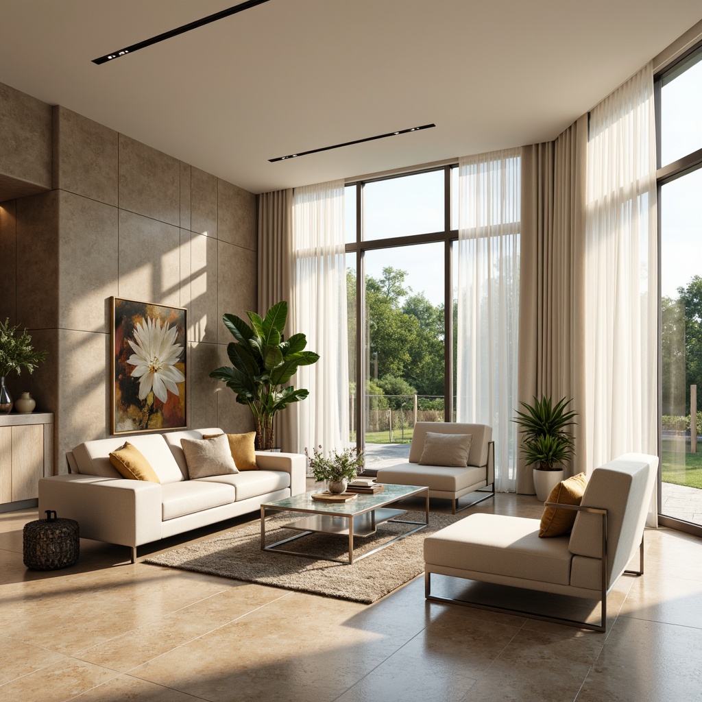 Prompt: Elegant living room, modern minimalist decor, sleek low-profile furniture, cream-colored sofas, velvet accent chairs, polished chrome legs, glass coffee tables, abstract artwork, floor-to-ceiling windows, sheer white curtains, soft warm lighting, 1/1 composition, shallow depth of field, realistic textures, ambient occlusion, beige marble flooring, plush area rugs, metallic wall decor, modern geometric patterns, natural stone feature walls, lush greenery, sunny day.