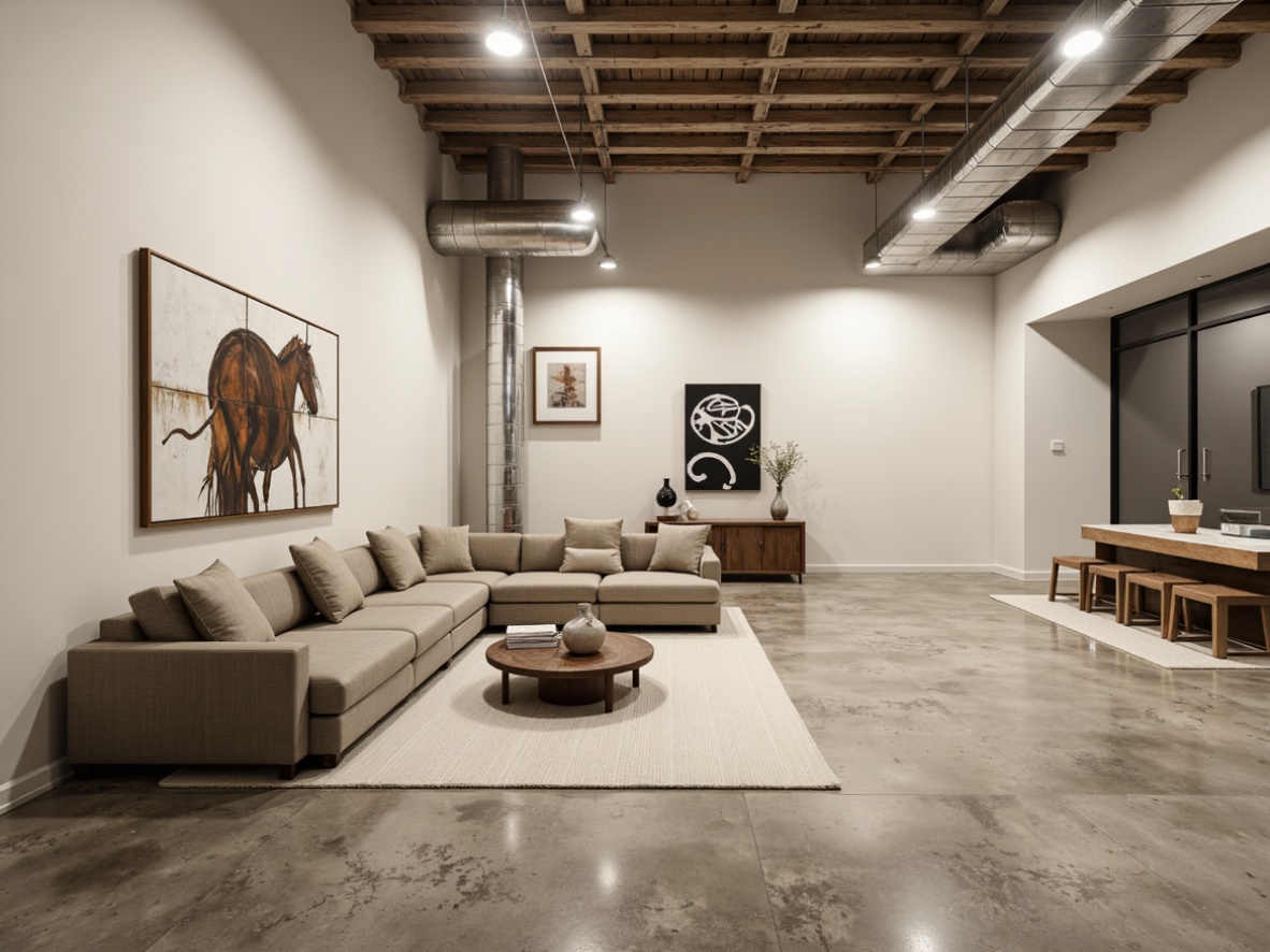 Prompt: Modern interior, sleek lines, minimal ornamentation, monochromatic color scheme, neutral tones, creamy whites, warm beiges, soft grays, industrial chic, exposed ductwork, polished concrete floors, metallic accents, bold artwork, geometric patterns, LED lighting, airy atmosphere, natural textiles, reclaimed wood, urban loft vibe, 3/4 composition, low-angle shot, moody lighting, realistic textures.