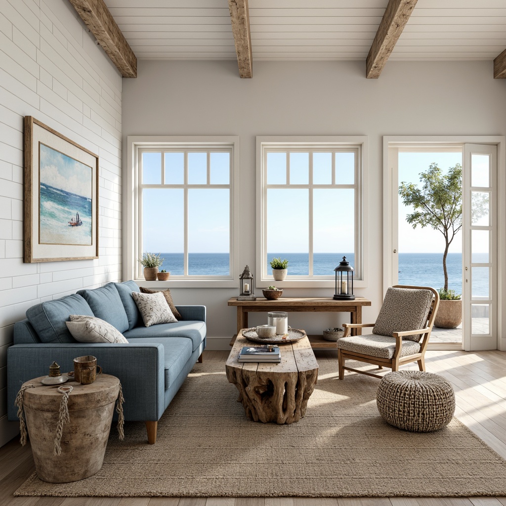 Prompt: Driftwood coffee table, distressed wood finishes, ocean-blue velvet sofa, natural jute rug, woven sea grass armchair, coral-inspired side table, weathered metal lanterns, nautical rope details, beachy white shiplap walls, reclaimed wooden accents, soft linen upholstery, calming ocean views, warm sandy tones, cozy throw blankets, vintage navigation instruments, subtle shell patterns, airy open layout, minimal ornamentation, soft warm lighting, 1/1 composition, natural textures, realistic reflections.