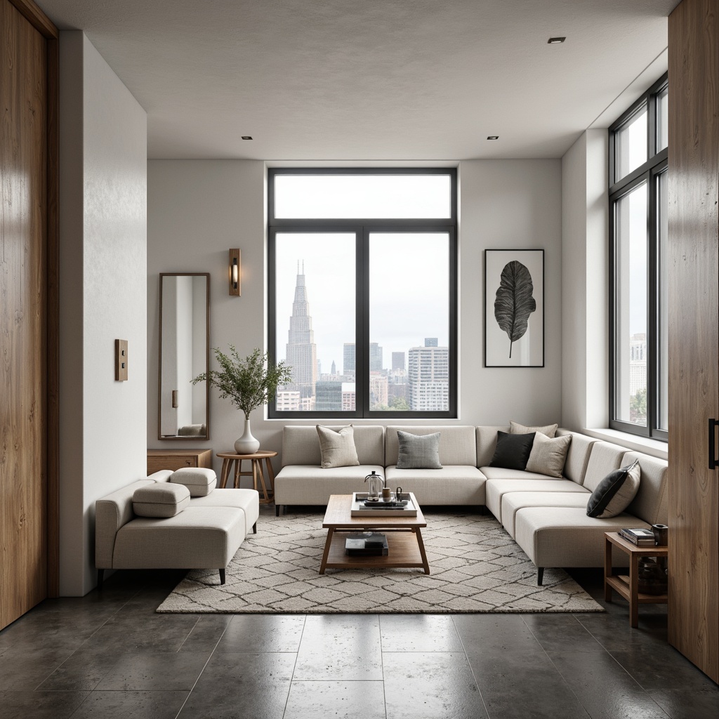 Prompt: Monochromatic modern apartment, sleek lines, minimalist decor, neutral color palette, creamy whites, soft grays, taupe accents, rich wood tones, industrial chic concrete floors, floor-to-ceiling windows, natural light, urban skyline views, cozy reading nooks, plush area rugs, geometric patterned textiles, metallic lighting fixtures, abstract artwork, 3/4 composition, shallow depth of field, realistic textures, ambient occlusion.