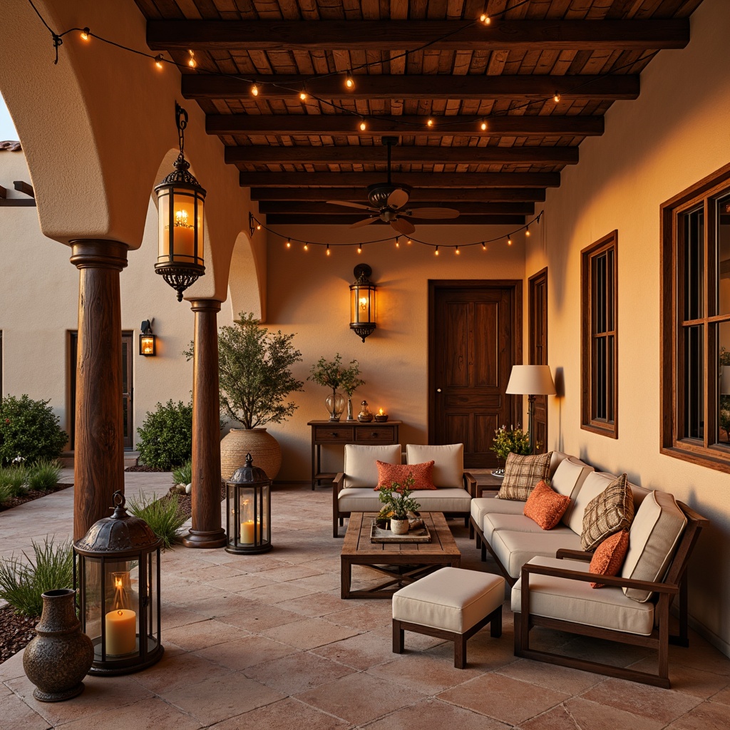 Prompt: Southwestern adobe architecture, warm earthy tones, rustic wooden accents, wrought iron details, clay tile roofs, stucco walls, ornate metal lanterns, pendant lights with Turquoise stones, candles in wrought iron holders, dimmable floor lamps with natural linen shades, recessed ceiling lighting with rustic wood trim, outdoor string lights with Paprika-hued glass, warm golden glow, soft ambient illumination, 1/2 composition, shallow depth of field, realistic textures, ambient occlusion.