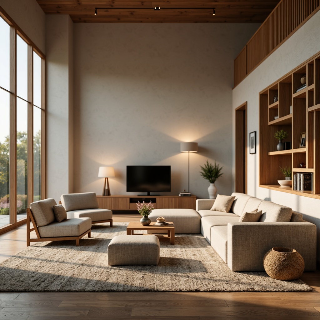 Prompt: Cozy living room, plush sofas, soft cushions, wooden coffee tables, elegant lamps, floor-to-ceiling windows, natural textiles, warm beige walls, minimalist decor, comfortable seating arrangements, inviting ambiance, soft warm lighting, shallow depth of field, 1/1 composition, realistic textures, ambient occlusion.