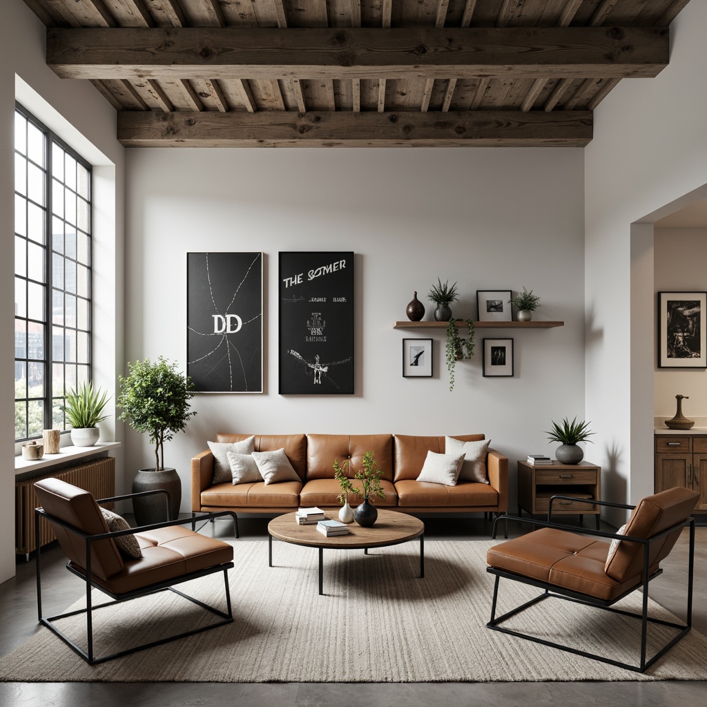 Prompt: Minimalist living room, industrial chic decor, geometric-shaped furniture, tubular steel chairs, leather-upholstered sofas, wooden coffee tables, minimalist shelving units, functional decorative elements, primary color schemes, bold typography, rectangular windows, concrete floors, urban loft atmosphere, soft natural lighting, shallow depth of field, 1/1 composition, realistic textures, ambient occlusion.