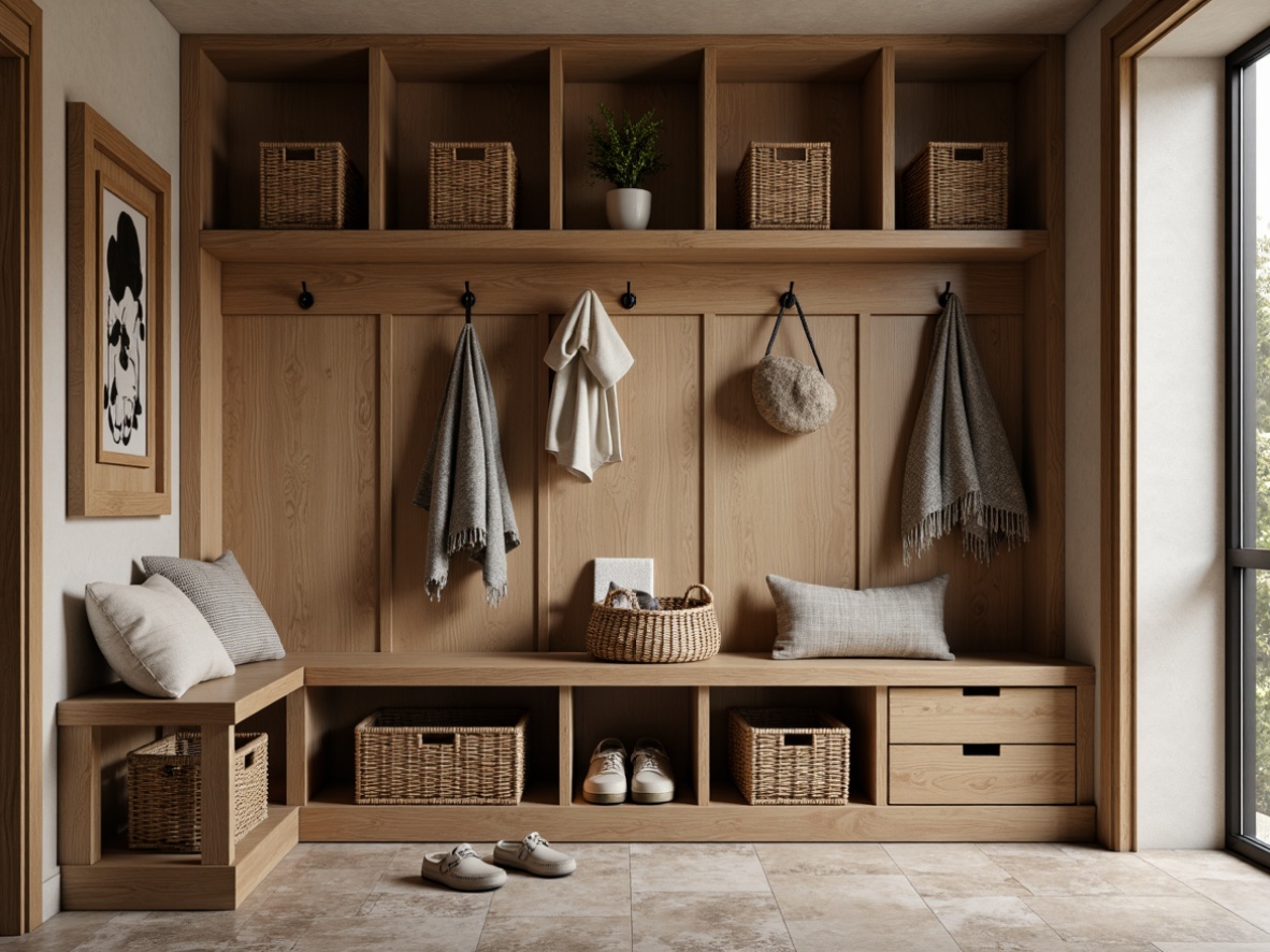 Prompt: Cozy mudroom, rustic wooden benches, woven baskets, natural stone flooring, earthy color palette, built-in cabinetry, sleek metal hooks, functional shelving units, storage cubbies, woven textiles, vintage-inspired decorative accents, warm soft lighting, shallow depth of field, 1/1 composition, realistic textures, ambient occlusion.