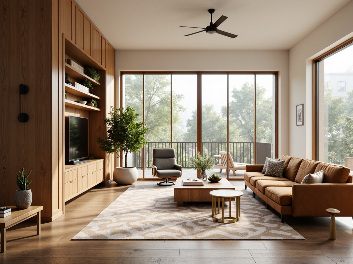 Prompt: Mid-century modern living room, sleek wooden furniture, velvet upholstered sofas, geometric-patterned rugs, brass accent tables, floor-to-ceiling windows, natural light, minimalist decor, functional storage solutions, ergonomic chairs, Scandinavian-inspired design, warm beige color scheme, cozy ambiance, soft diffused lighting, 1/1 composition, realistic textures.