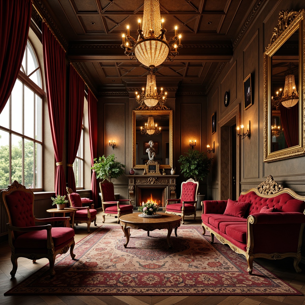 Prompt: Rich velvet upholstery, ornate wooden carvings, gilded frames, luxurious tufted sofas, antique armchairs, rustic wooden tables, intricately patterned rugs, grand chandeliers, opulent drapery, lavish curtains, regal throne-like chairs, extravagant mirrors, Baroque-inspired ornaments, warm golden lighting, soft focus, shallow depth of field, 1/1 composition, realistic textures, ambient occlusion.