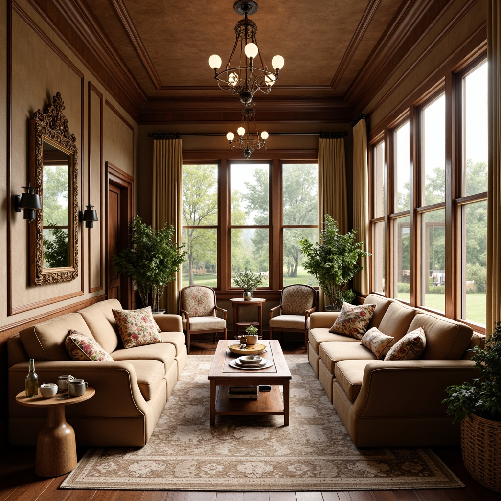 Prompt: Warm sunroom, classicism style, comfortable seating, velvet sofas, wooden armchairs, antique coffee tables, ornate mirrors, elegant chandeliers, floral patterns, natural fabrics, woven baskets, rattan furniture, vintage decor, soft warm lighting, shallow depth of field, 1/1 composition, realistic textures, ambient occlusion.