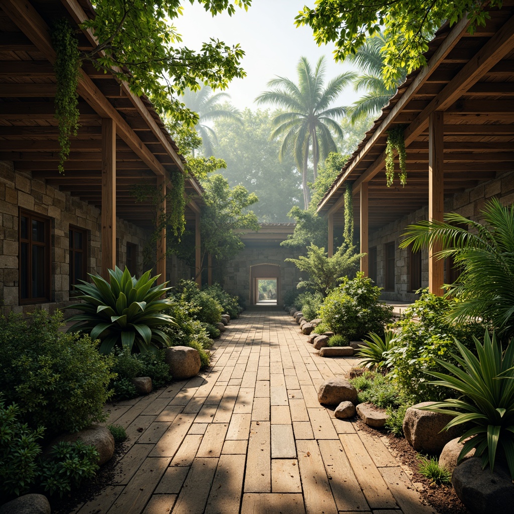 Prompt: Wildlife zoo enclosures, rustic wooden planks, earthy tones, natural stone walls, greenery overgrowth, exotic plant species, misty atmosphere, warm sunlight filtering, soft focus, shallow depth of field, 1/1 composition, symmetrical framing, realistic textures, ambient occlusion, animal footprints, vines crawling, tropical leaf patterns, distressed wooden accents, earthy scent, natural ambiance.