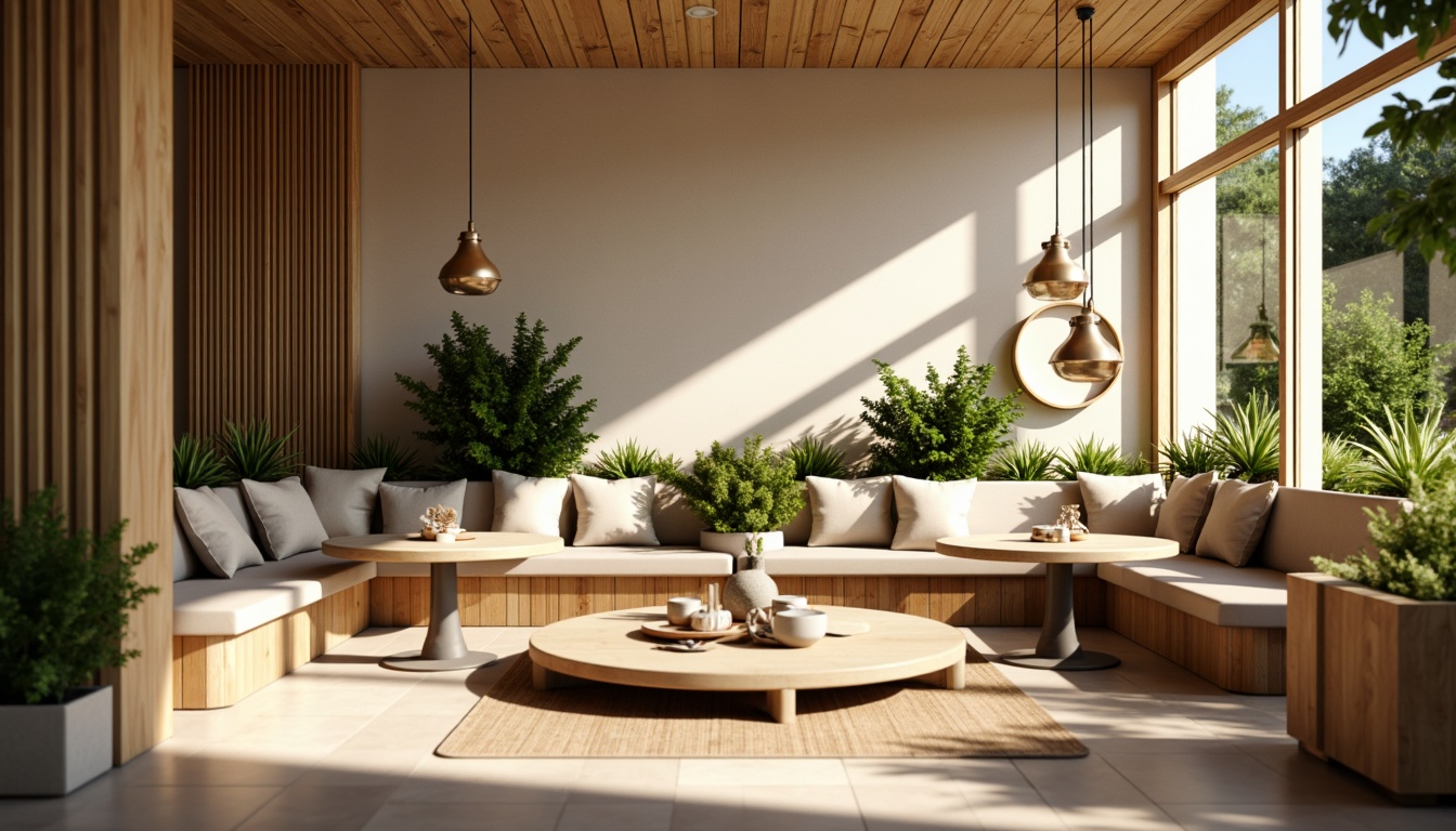 Prompt: Cozy breakfast nook, natural wood accents, soft cushions, curved banquettes, built-in benches, circular tables, pendant lighting, warm beige tones, minimalist decor, lush greenery, potted plants, sunny morning light, soft shadows, shallow depth of field, 1/2 composition, realistic textures, ambient occlusion.