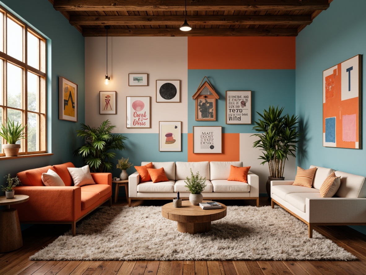 Prompt: Vibrant artistic studio, eclectic furniture, bold color blocking, pastel hues, contrasting textures, abstract art pieces, inspirational quotes, natural wood accents, industrial metal lighting, cozy reading nooks, plush area rugs, warm ambient glow, shallow depth of field, 1/1 composition, cinematic view, realistic renderings, subtle atmospheric effects.