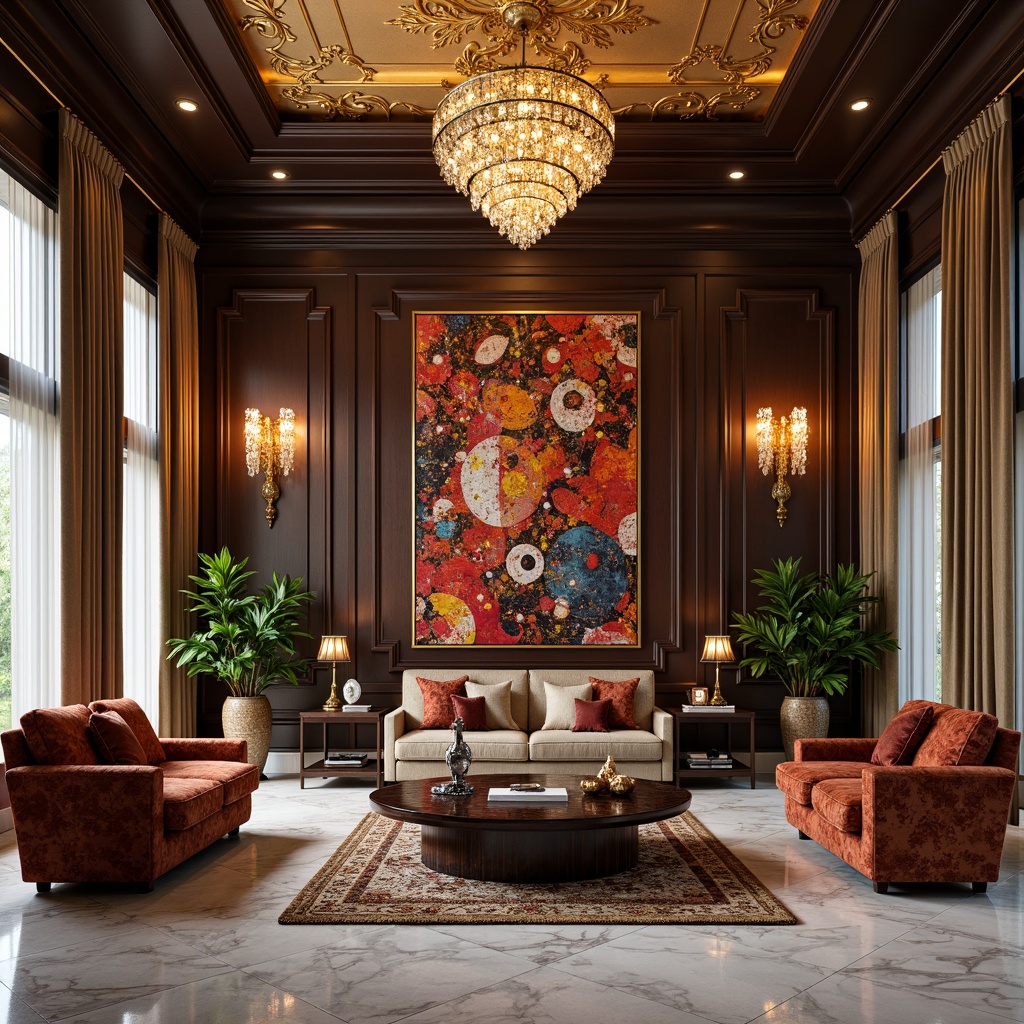 Prompt: Elegant living room, plush velvet sofa, ornate wooden coffee table, luxurious marble flooring, crystal chandelier, lavish drapery, rich tapestry, vibrant abstract artwork, statement lighting fixtures, metallic gold accents, intricate patterns, soft warm glow, shallow depth of field, 2/3 composition, realistic textures, ambient occlusion.