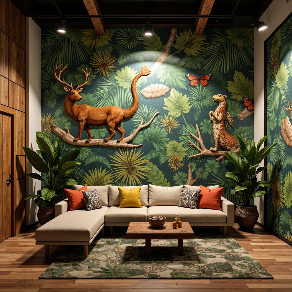 Prompt: Wildlife-inspired wall murals, jungle leaf patterns, earthy tone colors, natural stone textures, wooden planks, rustic metal accents, exotic animal prints, vibrant tropical hues, whimsical illustrations, 3D brick effects, distressed finishes, eclectic mix of materials, playful decorative elements, nature-inspired sculptures, dramatic spot lighting, high-contrast shading, cinematic composition, realistic details, ambient occlusion.