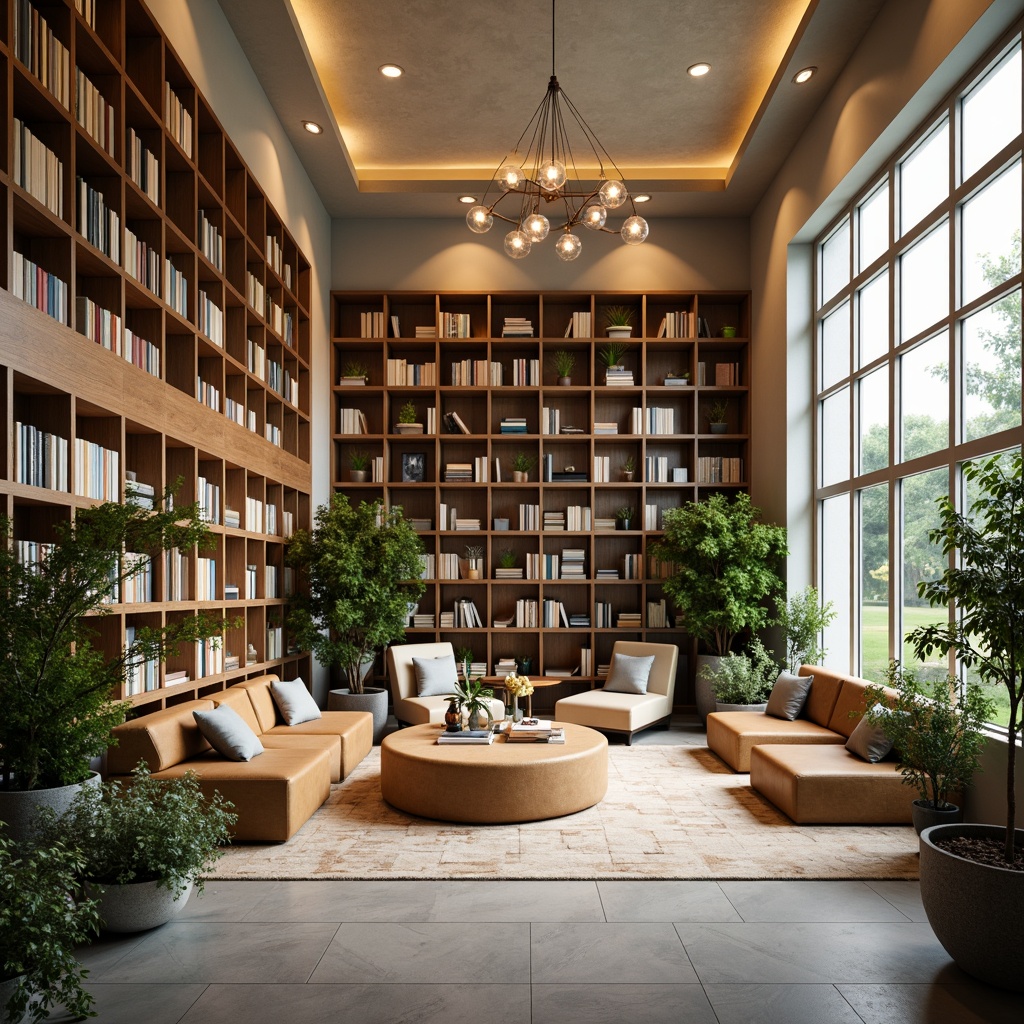 Prompt: Cozy library atmosphere, warm wooden shelves, soft cream-colored walls, rich leather-bound books, comfortable reading nooks, natural stone flooring, elegant chandeliers, subtle earthy tones, calming beige accents, soothing blue hues, vibrant greenery, lush potted plants, modern minimalist furniture, ample natural light, floor-to-ceiling windows, soft warm lighting, shallow depth of field, 3/4 composition, panoramic view, realistic textures, ambient occlusion.