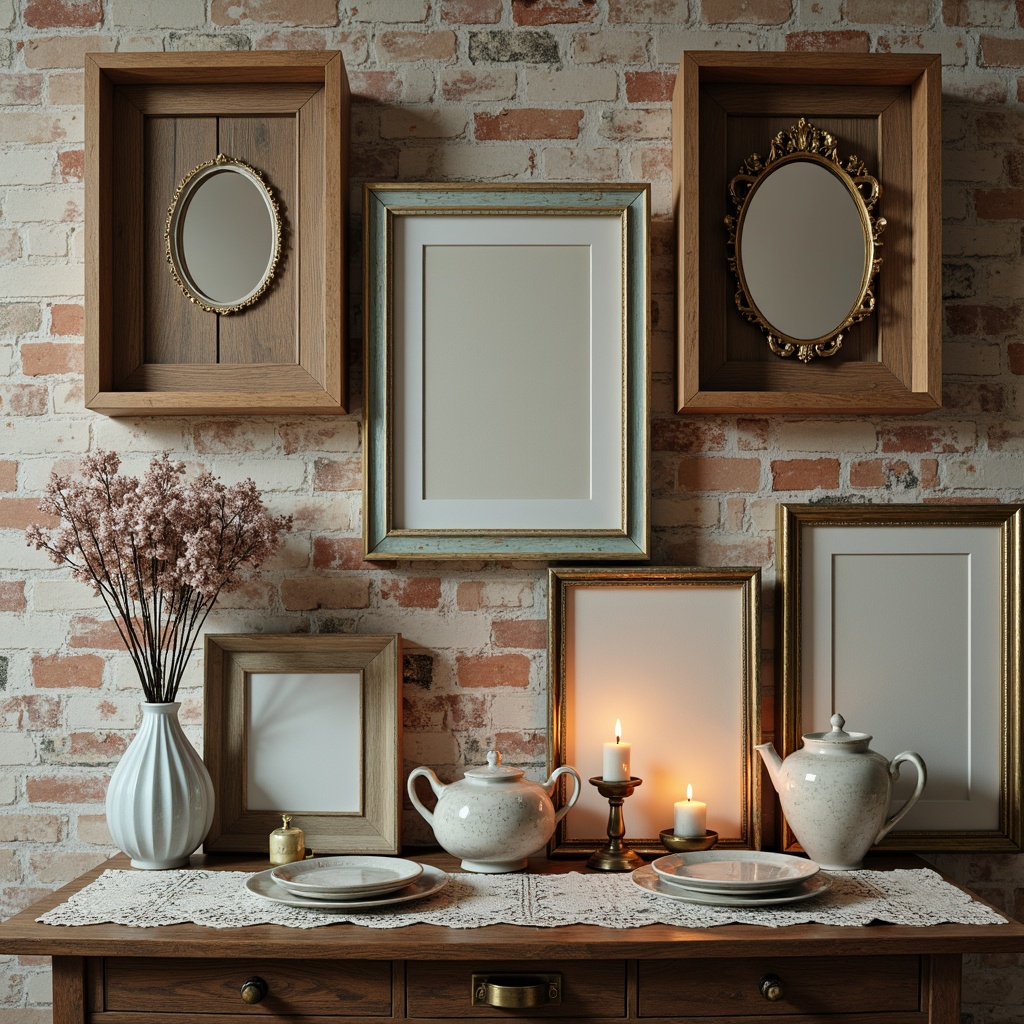 Prompt: Distressed vintage frames, soft pastel colors, lace details, floral patterns, rustic wooden shelves, antique mirrors, ornate gold accents, delicate porcelain vases, distressed brick walls, worn velvet fabrics, natural linen textures, warm candlelight, shallow depth of field, 1/1 composition, intimate close-up shots, realistic textures, ambient occlusion.