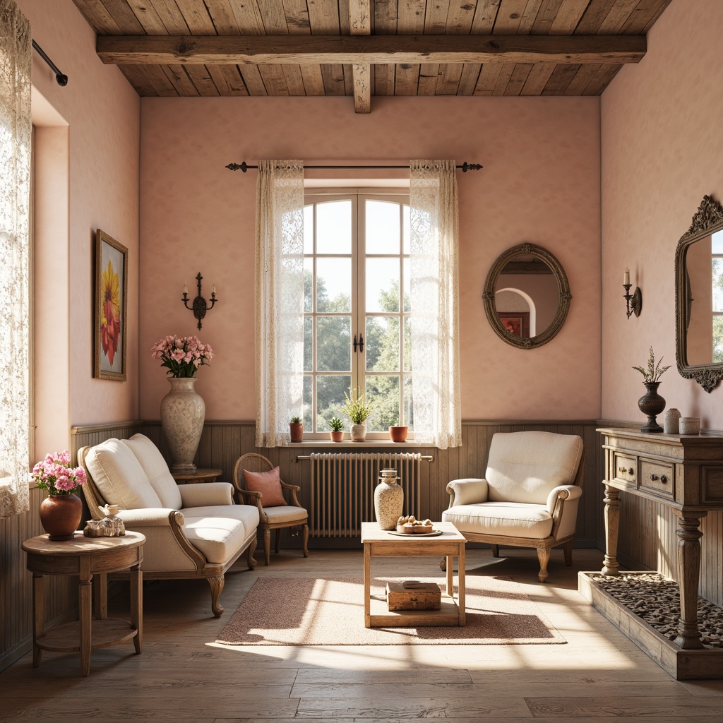 Prompt: Soft peach walls, distressed wood accents, vintage furniture pieces, lace drapery, floral patterns, pastel pink hues, creamy whites, warm beige tones, rustic metal fixtures, ornate mirrors, antique accessories, natural textiles, earthy undertones, warm sunny lighting, shallow depth of field, 1/1 composition, intimate atmosphere, realistic textures, ambient occlusion.