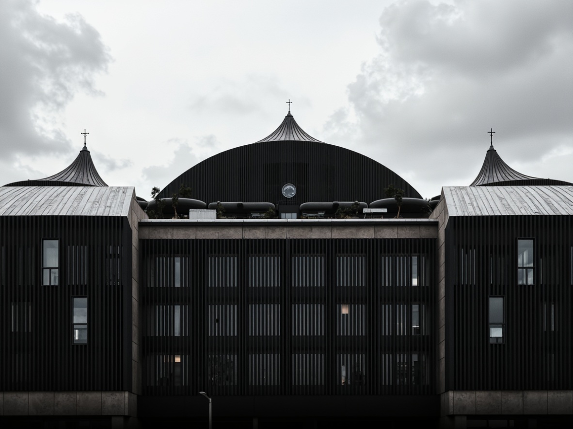 Prompt: Courthouse building, symmetrical facade, bold black lines, rectangular shapes, circular motifs, triangular roofs, geometric patterns, minimalist decor, monochromatic color scheme, sleek metal accents, industrial materials, urban cityscape, cloudy grey sky, dramatic shadow play, high contrast lighting, 1/1 composition, abstract reflections, stark textures, atmospheric perspective.