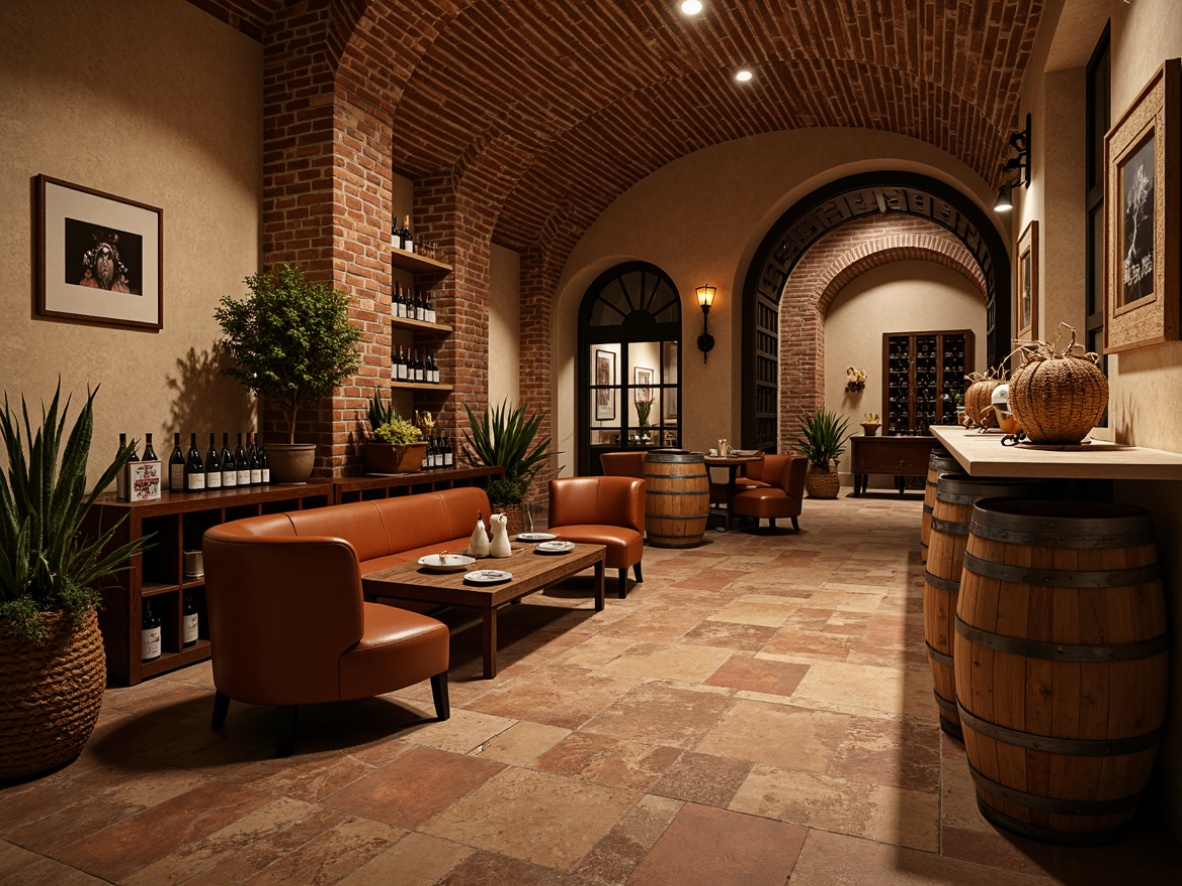 Prompt: Rustic wine cellar, natural stone flooring, terracotta tiles, earthy tones, wooden barrel accents, dimly lit atmosphere, arched ceilings, ornate metalwork, distressed wood shelving, vintage wine barrels, soft warm lighting, intimate seating areas, rich leather textures, travertine walls, aged brick archways, Mediterranean-inspired decor.