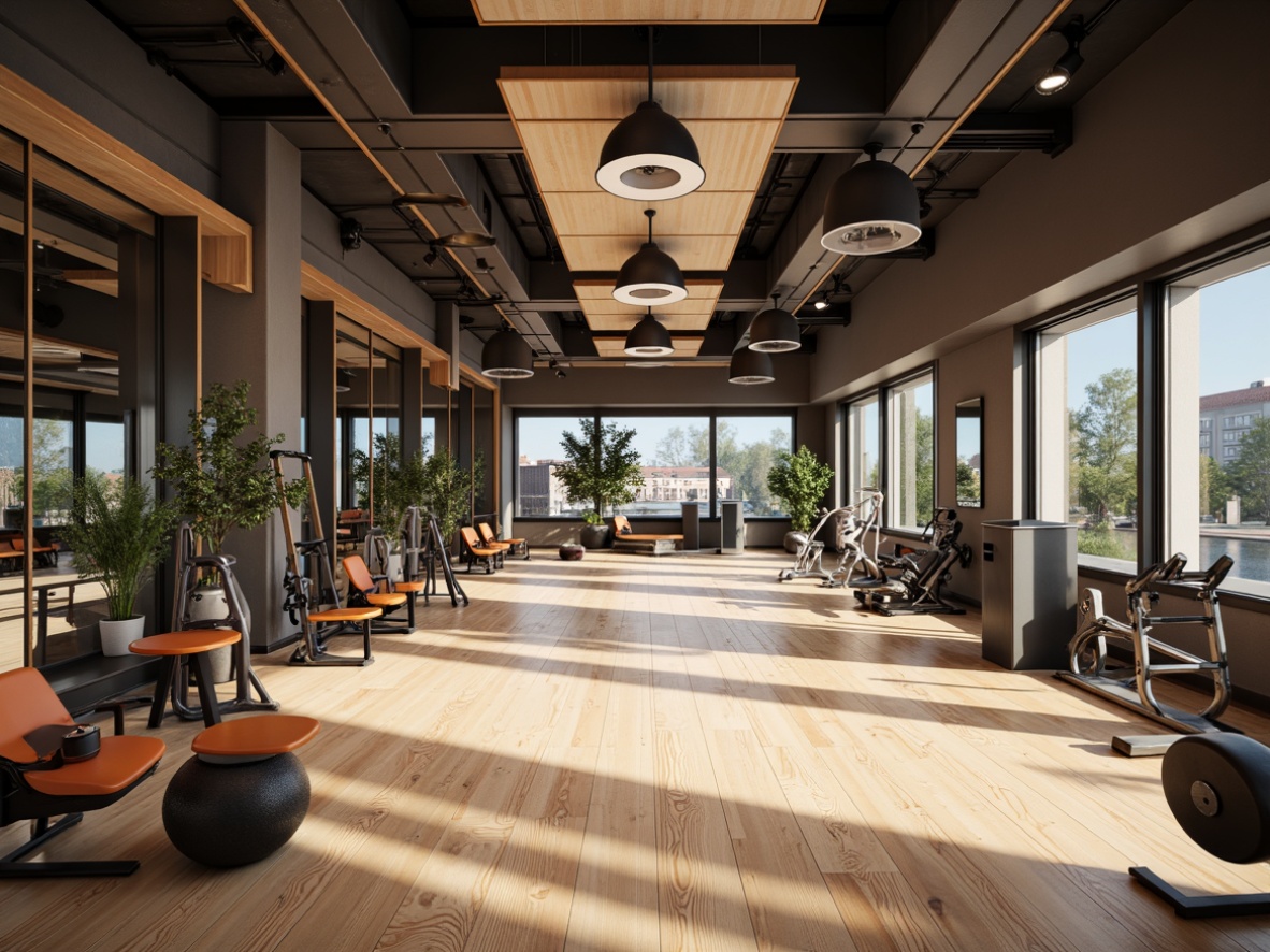 Prompt: Sound-absorbing panels, acoustic foams, reverberation reduction, echo-free zones, fitness equipment, mirrored walls, polished wooden floors, modern gym architecture, high ceilings, diffused natural light, indirect overhead lighting, 1/1 composition, shallow depth of field, realistic textures, ambient occlusion.