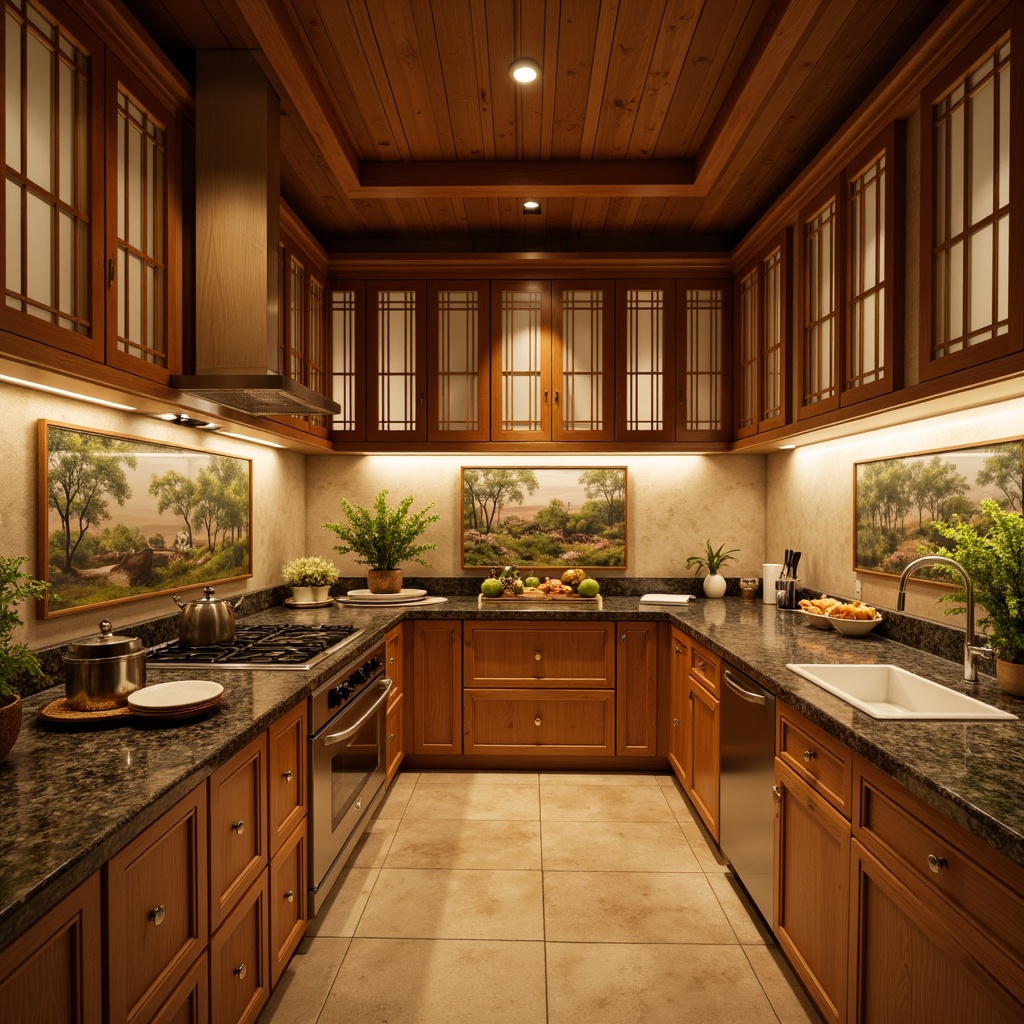 Prompt: Warm Asian-style kitchen, traditional Shoji screens, natural wood cabinets, granite countertops, stainless steel appliances, ambient warm lighting, soft diffused shadows, subtle color temperature transitions, pendant lamps, under-cabinet LED strips, recessed ceiling lights, minimalist design, earthy tone color palette, bamboo accents, woven rattan furniture, nature-inspired textiles, vibrant cultural patterns, cozy intimate atmosphere, 1/1 composition, high contrast ratio, realistic reflections.