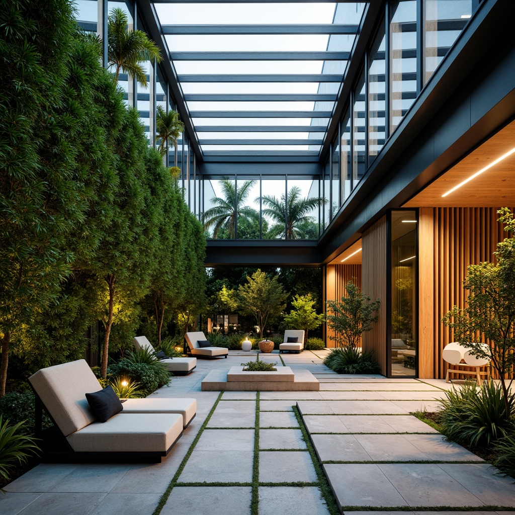 Prompt: Minimalist courtyard, sleek stone flooring, modern glass roofing, lush green walls, vibrant tropical plants, natural wood accents, industrial metal beams, polished concrete surfaces, abstract sculptures, warm LED lighting, shallow depth of field, 3/4 composition, panoramic view, realistic textures, ambient occlusion.