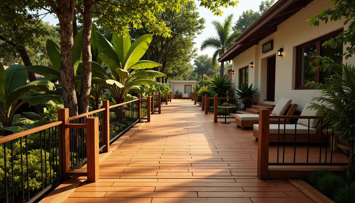 Prompt: Tropical staircase, exotic hardwood treads, richly grained wood textures, warm golden brown colors, smooth matte finishes, durable slip-resistant surfaces, ornate metal railings, lush greenery surroundings, natural stone walls, open-air architecture, bright sunny day, soft warm lighting, shallow depth of field, 3/4 composition, realistic wood grain details, ambient occlusion.