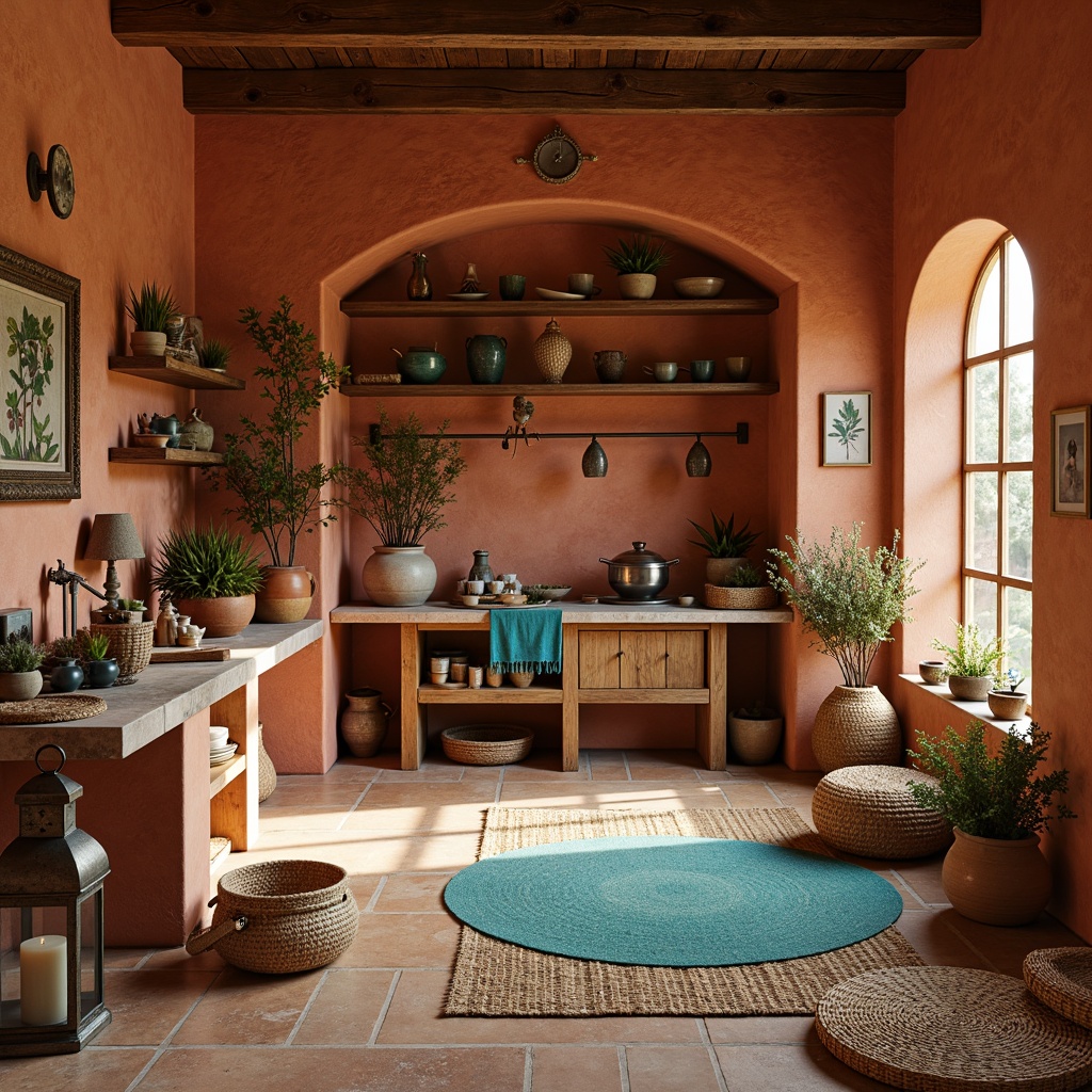 Prompt: Earthy craft room, warm terracotta walls, rustic wooden furniture, woven baskets, natural fiber rugs, vibrant turquoise accents, earthy ceramics, rough-hewn stone countertops, reclaimed wood shelving, metal lanterns, soft warm lighting, shallow depth of field, 3/4 composition, realistic textures, ambient occlusion.