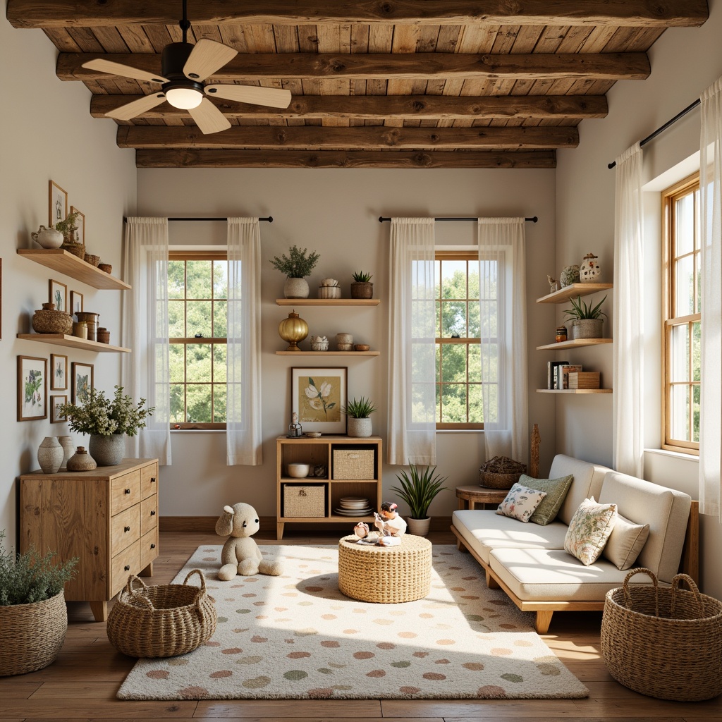 Prompt: Rustic farmhouse, wooden accents, vintage decorative items, playful kindergarten atmosphere, earthy color scheme, warm beige tones, soft sage greens, creamy whites, sunny yellows, sky blues, natural textiles, woven baskets, floral patterns, distressed wood furniture, cozy reading nooks, whimsical illustrations, cheerful polka dots, soft focus, shallow depth of field, 1/1 composition, warm lighting, subtle shadows, realistic textures.